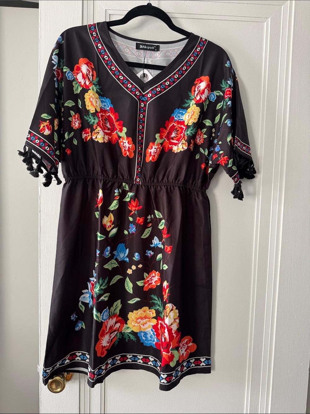Allegra K Black Mini Dress with Red Yellow Blue Floral Print